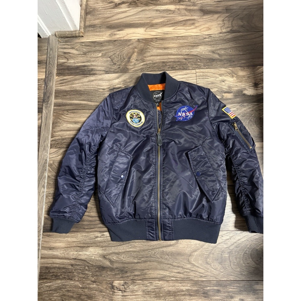 Alpha Industries YOUTH Medium (10/12) Navy MA-1 Jacket Bomber NASA Patches